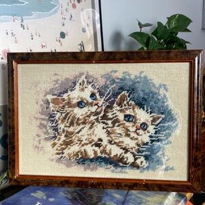 Vintage Framed Cross-Stitch Kittens Art